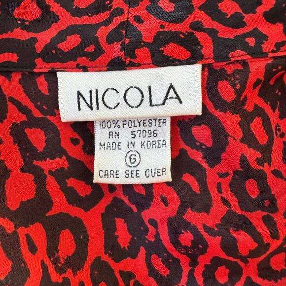 Vintage ‘90s Nicola Red & Black Leopard Print Peplum Waist Short Sleeve Blouse - Picture 7 of 8